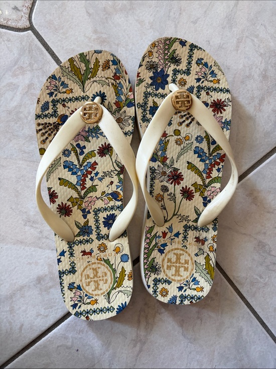 Tory Burch Shoes - Tory Burch Cream Floral-Print Flip Flops with Gold Logo